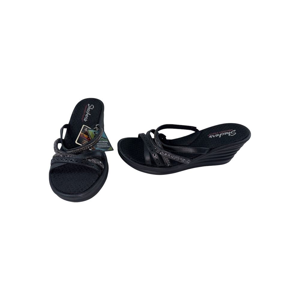 Skechers Black Memory Foam Wedge Sandals Size 8 NWT